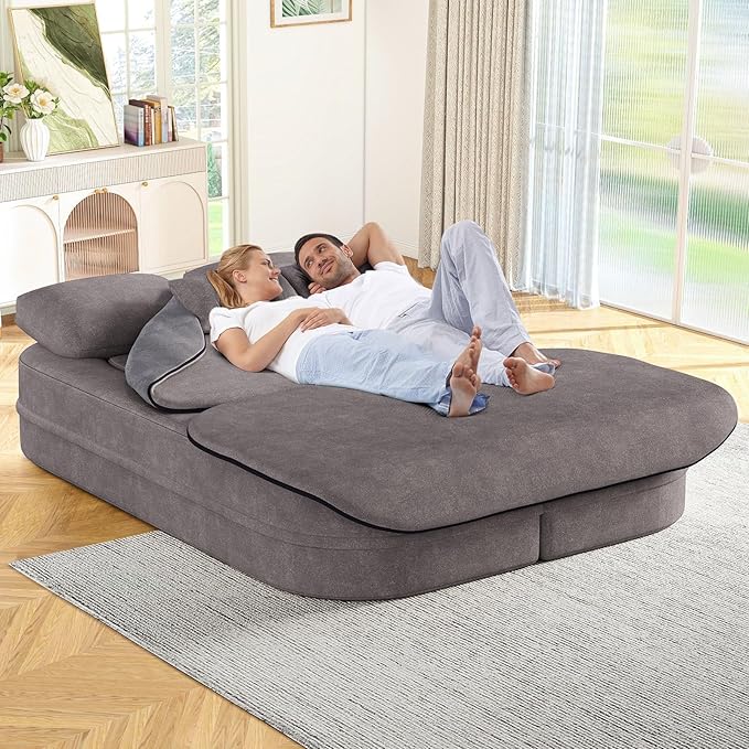 Antetek Convertible Sleeper Sofa Modern Folding Futon Chenille Floor Foam Compression Loveseat Sofa Bed Couch Foldable Full Size Guest Bed with 4 Pillows for Living Room Bedroom Apartment Grey