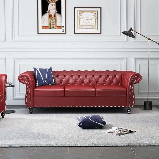 ORRD Chesterfield Sofa Leather Modern PU Tufted Couch 3 Seater with Rolled Arms and Nailhead for Living Room Bedroom Office Apartment (Burgundy)
