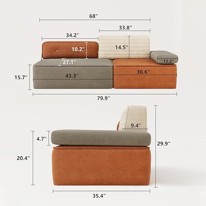 Mid-Century Modern Modular Sectional Sofa 79.9 Width Multi Color Fabric Upholstered Couch Versatile Living Room &amp Bedroom Furniture with Modular Design for Cozy Seating