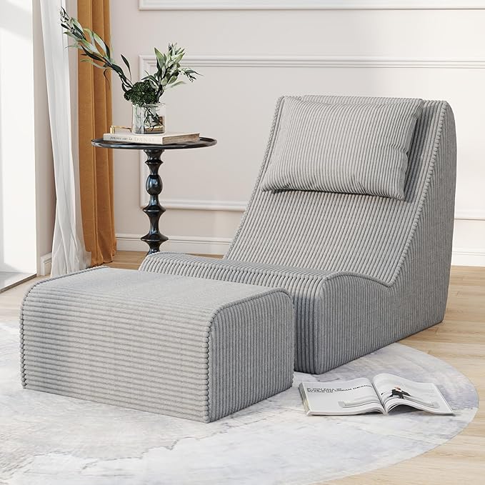 Giant Bean Bag Chair for AdultsCorduroy Chaise Lounge with Unrivaled Back Support Detachable Neck Pillow Comfortable Ottoman &amp Washable Cover for Living Room Bedroom Garden (Grey)