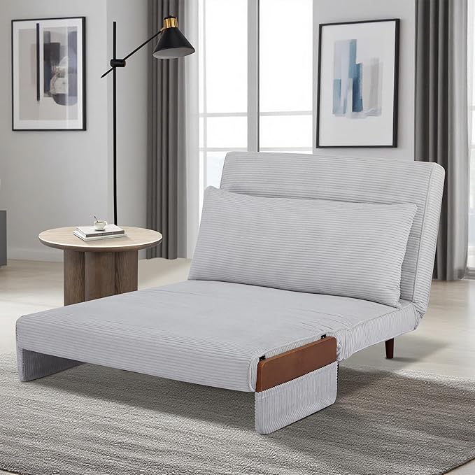 3-in-1 Convertible Sofa Bed Futon Loveseat Couch with Pillow Adjustable Backrest and Removable Armrests Recliner Sleeper Sofa for Small Spaces Living Room Bedroom or Office Light Grey