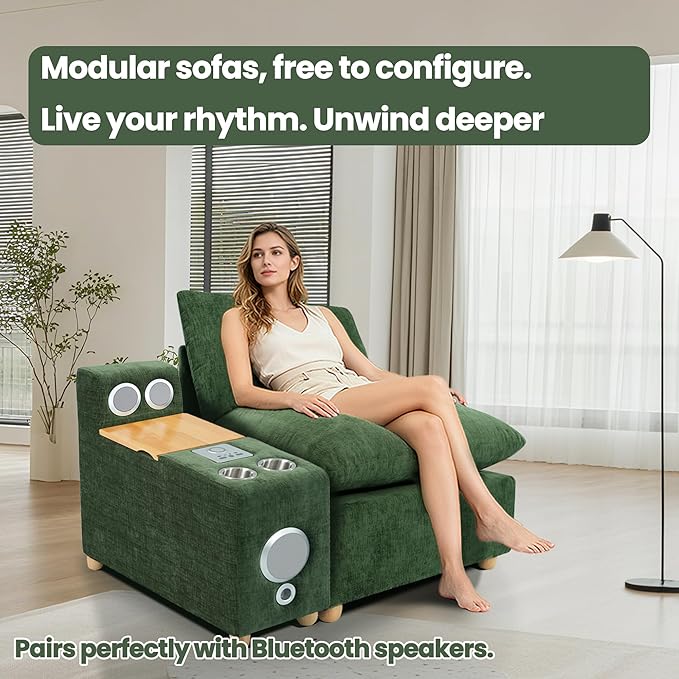 Brelice Modular Sofa Console with Wireless Charging &amp Bluetooth Speaker - All-in-One Armrest Organizer with Wired Charging Storage Tray Volume Control for Sectional Couch Living Room