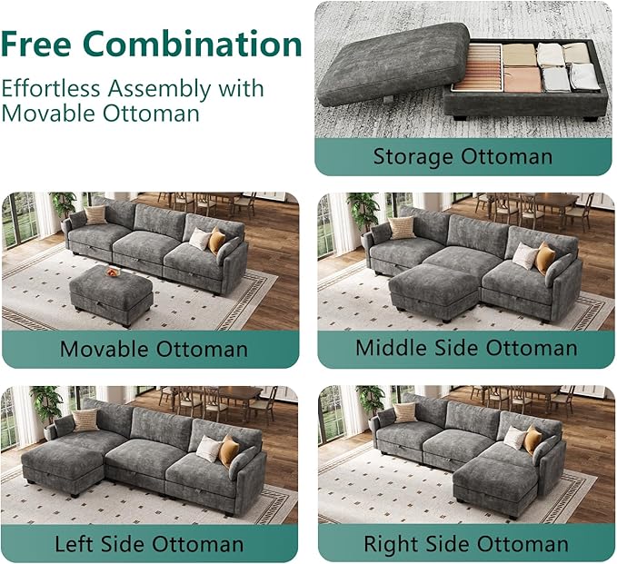 Modular Sectional U Shaped Sofa Couches for Living Room Cloud Couch with Storage Ottoman Comfy Chenille Sofa with Pillow Dark Gray