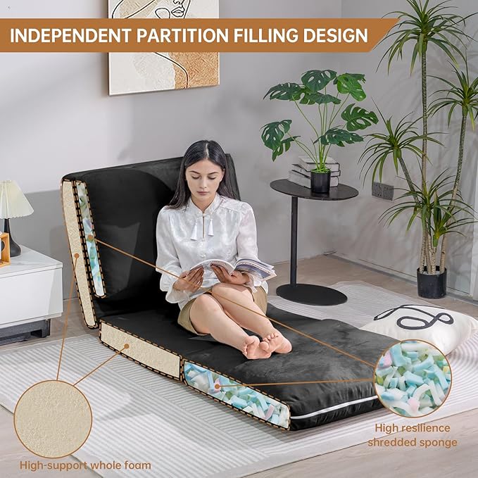 tantohom Floor Sofa Bean Bag Bed Foam Filling Fold Full Floor Mattress with Washable Soft Faux Fur Cover Floor Couch for Bedroom Living Room (Black Small)