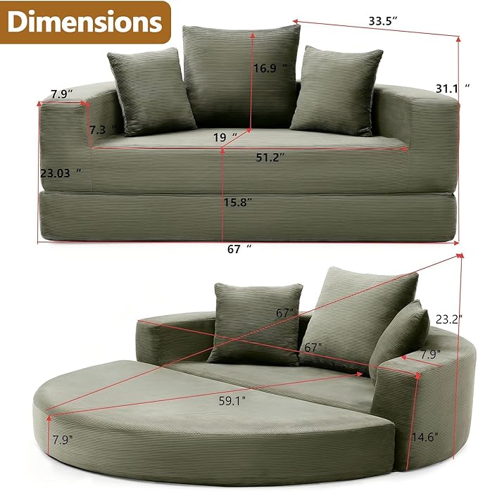 67” Foldable Couch Bed Corduroy Round Floor Couch with 3 Comfy Pillows 2 in 1 Convertible Sofa Bed for Living Room Apartment 380 LBS Capacity No Assembly (Green)