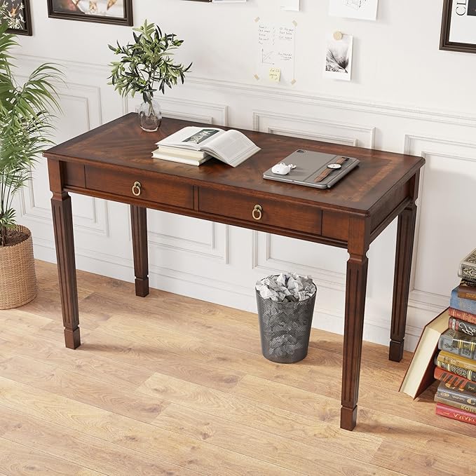Vintage Wooden Writing Desk with 2 Drawers Solid Computer Desk Workstation 46in Wide Study Table for Home Office Small Secretary Table in Cherry Walnut BSZ-D1258