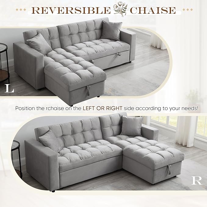 Convertible Sleeper Sofa Bed82.6W Velvet Tufted L Shaped Sectional Couch with Adjustable Back &amp Reversible Storage ChaiseModern Futon Pull Out Couch Bed for Living RoomApartmentSmall Place(Gr