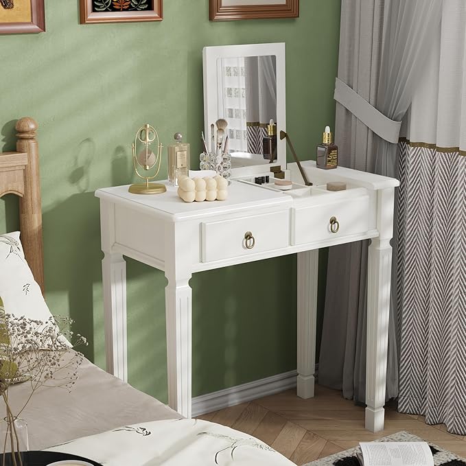 LEEMTORIG 31.5 Solid Wood Small Vanity Desk with Flip-top Mirror Compact Wooden Writing Desk with Drawers 3 in 1 Secretary Desk/Dressing Table/Nightstand for Small Space White SZT-D0036-WT