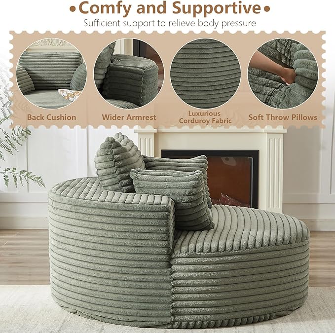 Oversized Round Chaise Lounge Chair Indoor 55'' Corduroy Deep Seat Circle Single Floor Sofa Chairs Modern Upholstered Sponge Armchair Cloud Sleeper Chair for Living Room Bedroom Apartment Green