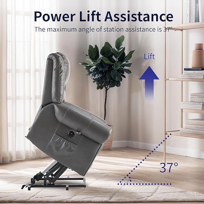 Power Lift Recliner Chair with Massage and Heating PU Leather Electric Recliner Sofa with USB Charger 300lbs Capacity Lift Chair 8-Point Massage &amp Lumbar Heating Easy Assembly(Gray)