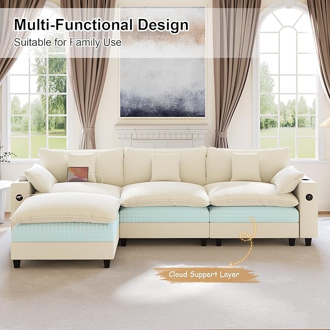 116 Modular Sectional Sofa L Shaped Cloud Couch with Movable Ottoman Chenille Deep Seat Cloud Sofa with Charging Station Cup Holder Side Pocket Sectional Couches for Living Room Beige
