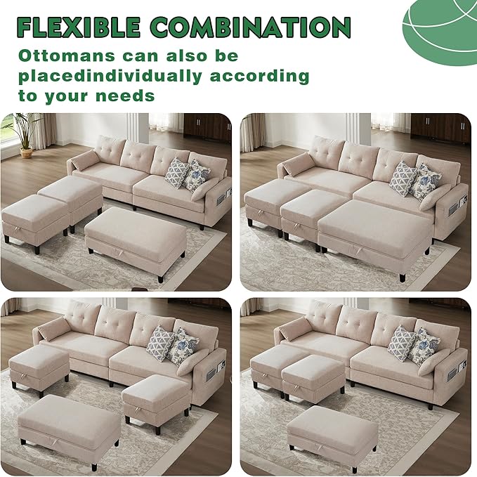 101 Modern Sectional Sleeper Sofa Bed U Shaped Couch with Storage Ottoman and Side Pockets 4 Seater Sofa for Living Room Apartment Beige