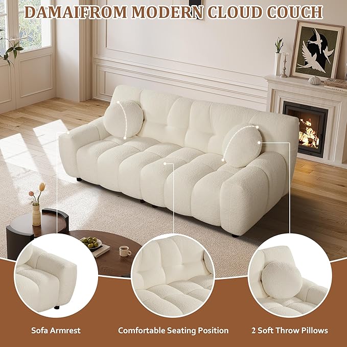 73 Boucle Cloud Sofa Couch with 2 Soft PillowsComfy Upholstered Teddy 2 Seater LoveSeat SofaModern Deep Seat Sherpa Cloud Couch Oversized Love Seat for Living Room Bedroom Apartment Beige White