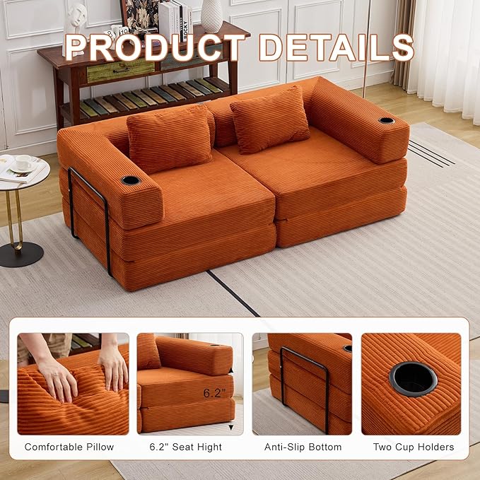 78 Loveseat Sleeper Sofa 4 in 1 Convertible Floor Sofa Bed Boneless Cloud Couch with Cup Holder Fold Out Floor Couch for Living Room Bedroom Lounge Corduroy Orange