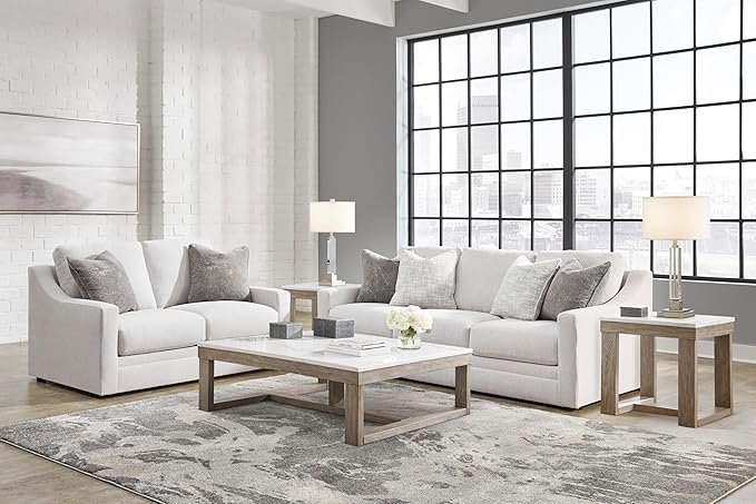 Signature Design by Ashley Maitelynn Contemporary Sofa with Accent Pillows Reversible Cushions and Sloped Arms Light Gray