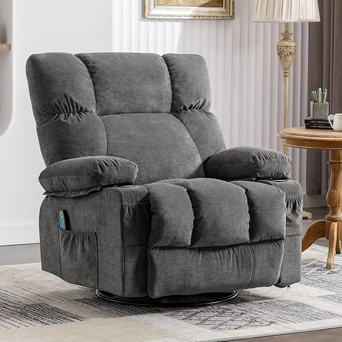 Fantasylab Recliner Chair with Vibration Massage &amp Lumbar Heating 360° Swivel Oversized Rocker Recliner with USB Charging Port Two Cup Holders &amp Side Pocket for Living Room