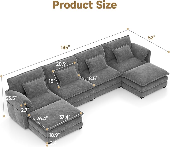 Real Relax 145'' Modular Sectional Sofa U Shaped Chenille Convertible Couch with Movable Ottoman 8 Pillows and 2 Armrest Pillows for Living Room Office and Leisure Places Dark Gray
