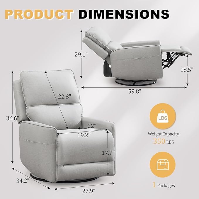 Recliner Chair 360 Swivel Rocker Recliner Chairs for Adults Small Recliners for Small Spaces Upholstered Nursery Chairs with Side Pockets Glider Rocking Chair for Living Room (LightGrey)
