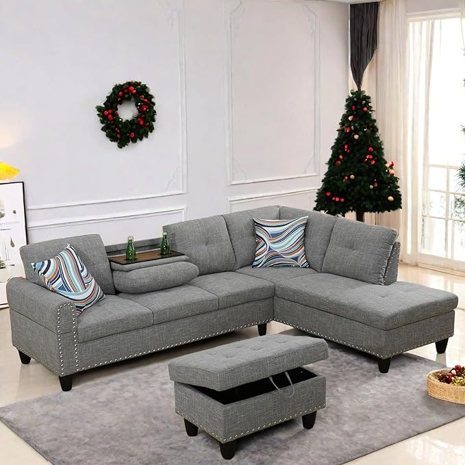 FONTOI L Shaped Sectional Couch with Otttoman 97 Sectional Sofa for Living Room Flannel Modular Couches with Cup Holders for Bedroom Apartments Grey