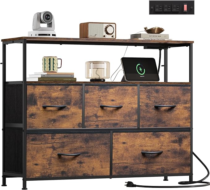 WLIVE Dresser for Bedroom with 5 DrawersFabric Dresser TV Stand with Charging Station Chest of Drawer with Open Shelves for 45 inch TVfor Living RoomEntryway Charcoal Black Wood Grain Print