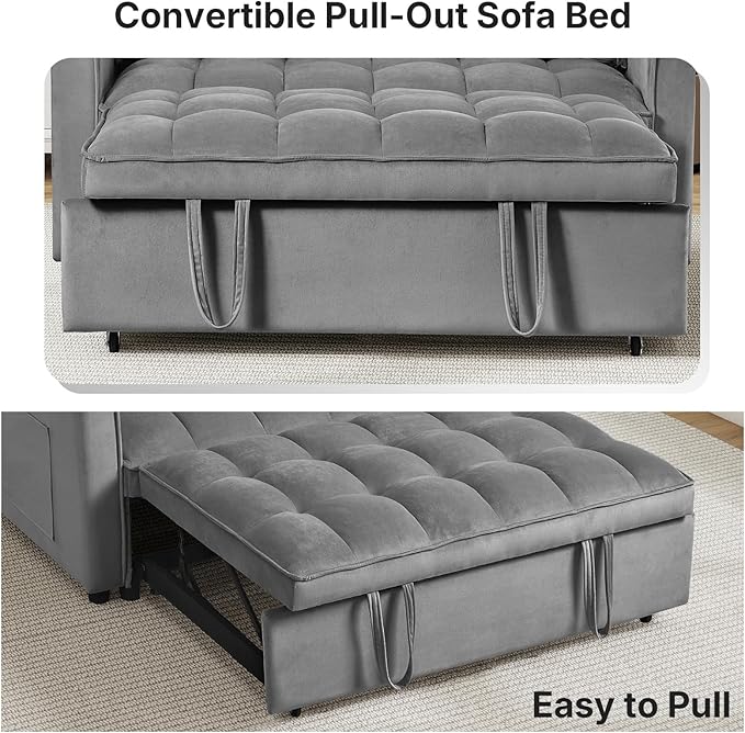 Rovibek 3 in 1 Sleeper Sofa Bed 53'' Pull Out Couch Convertible Futon Loveseat with Adjustable Backrest Velvet Sleeper Chaise Lounge Futon for Apartment Office Small Space Dark Grey