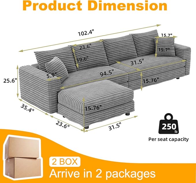 Ball &amp Cast 102.4 Plush Corduroy 4 Seater Sofa with Movable OttomanDeep Seat L Shaped Cloud Couches with Soft PillowsComfy Convertible Sectional Couch Lounge Chair for Living RoomOfficeGrey