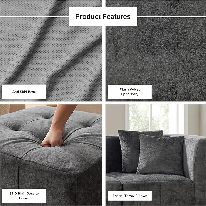 · REDEARTH · Right Armchair Velvet Sectional Sofa No-Assembly Compressed Couch in a Box Firm Support Boneless Modular System in Plush Velvet for Living Room (1-Seater) Dark Gray