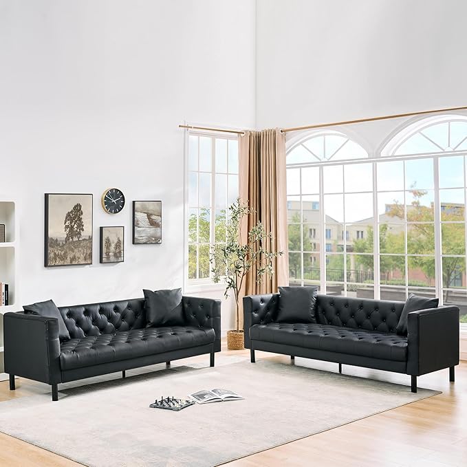 81 Button-Tufted Leather Sofa Mid-Century Modern Chesterfield 3 Seater with Deep Seat and 2 Pillows Ideal Leather Couch for Living Room Apartment and Office Use (Vintage Black)