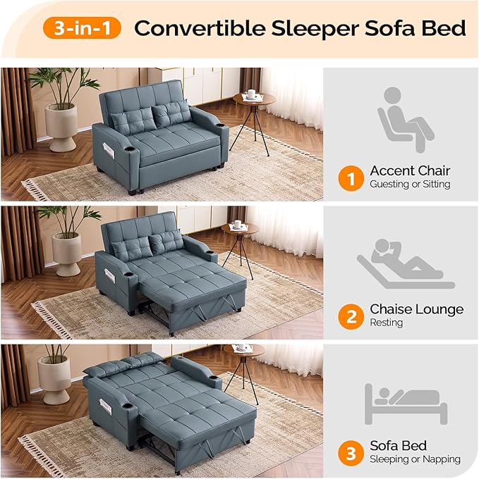 VINGLI Blue Grey Futon Sofa Bed Convertible Loveseat Sleeper Couch Faux Leather Pullout Sofa Fold Out Couch Bed with USB Ports Cup Holders Armrest for Living Room Bedroom Apartment Room
