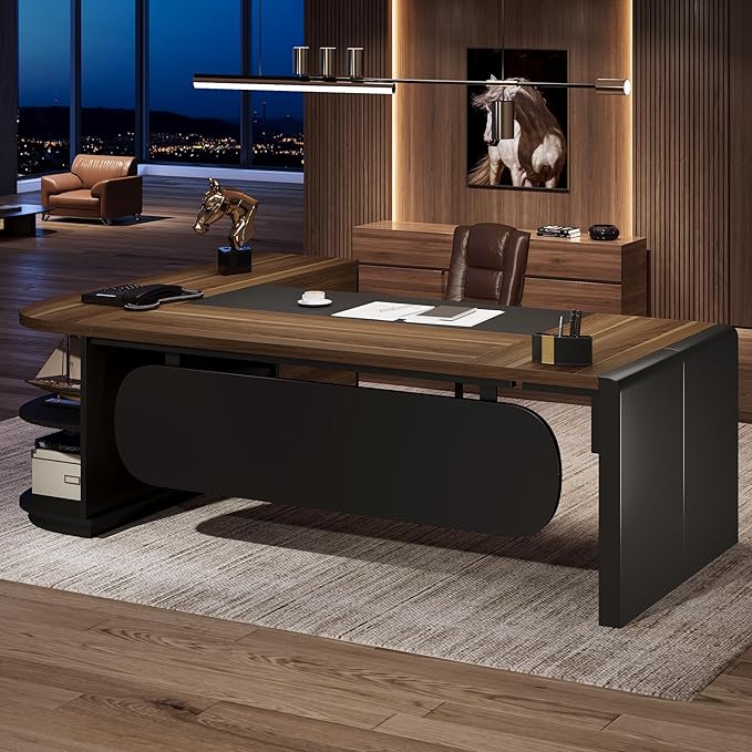 Tribesigns 80'' L-Shaped Desk Set of 2 Large Executive Office Desk with 55'' Drawers Cabinet Modern Computer Table with Storage Shelves Business Furniture for Office Brown
