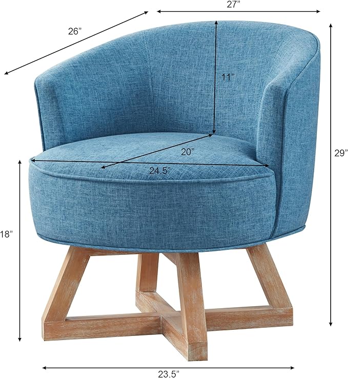 LUMISOL 360° Swivel Chair with Cross Shaped Wooden Base and Solid Wood Legs Linen Swivel Chair with Upholstered Seats with Curved Backs for Living Room Bedroom Office Light Blue