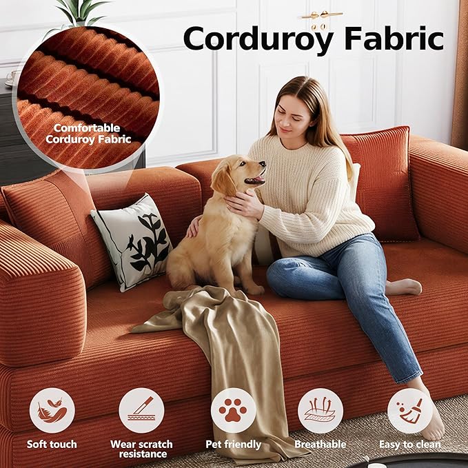 78.8'' Boneless Sleeper Sofa BedConvertible Futon Couch with Storage Pocket and 2 PillowsModular Corduroy Sofa for livingroomSmall speaceOrange
