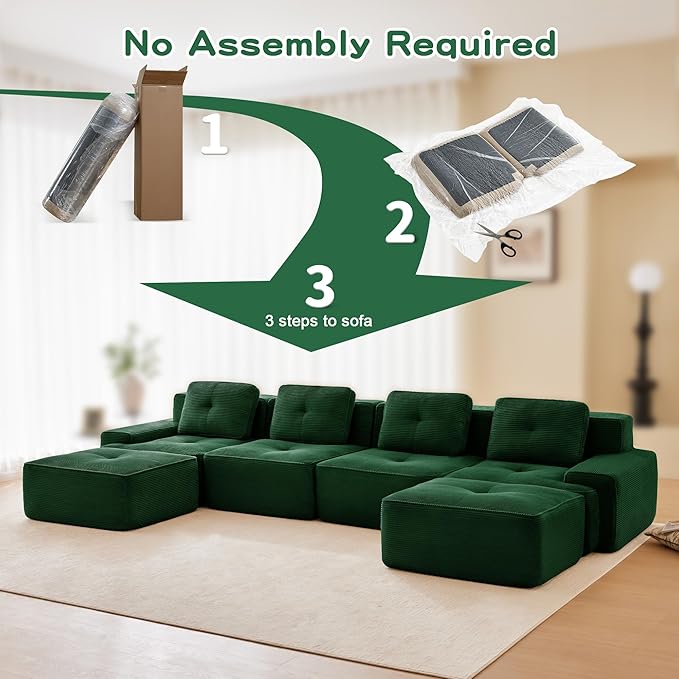  153 U Shaped Modular Boneless Sofa Couch for Living Room Green Sectional Large Sofa with Corduroy Fabric 4-Seater Tufted Couch with Deep Seat and Movable OttomanNo Assembly