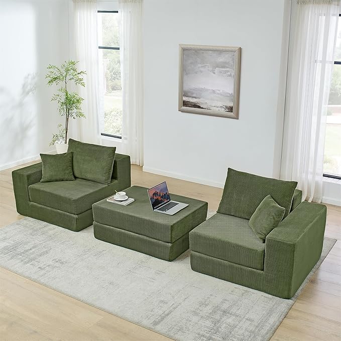 Boneless Couches for Living Room Modern Corduroy Couch Convertible Sleeper Sofa Folding Sofa Bed Mattress Couch for Bedroom Small Spaces - No Assembly Needed in Green