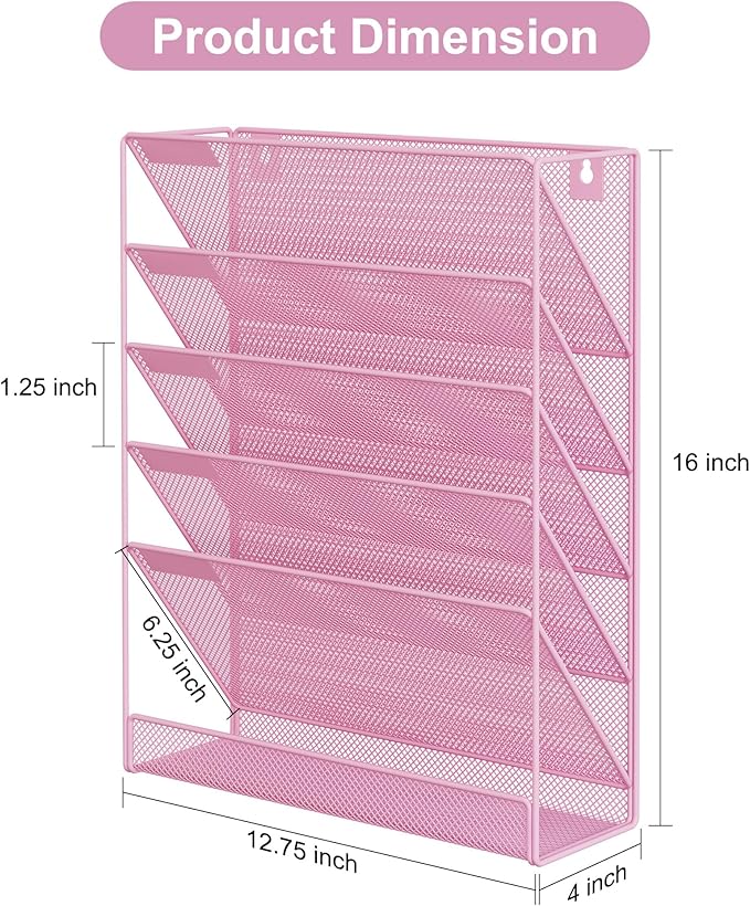 EasyPAG 5 Tier Wall File Holder Mesh Hanging Folder Organizer with Classify Label Versatile Desk File Holder Vertical Wall Mounted Mail Organizer for Office Home Cubicle Pink