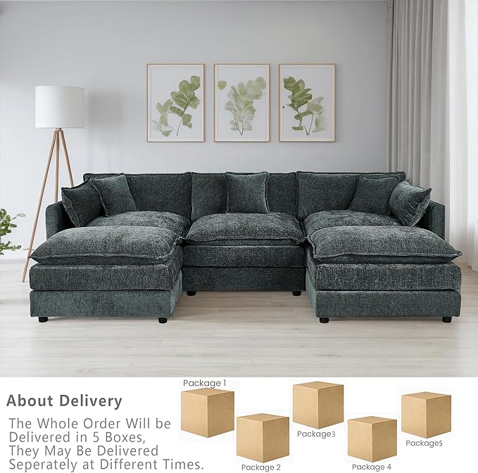 Setawix Deep 3 Seater Couch with Ottomans112.2 U-Shaped Cloud Couches for Living RoomChenille Cloud Sofa Couch with Deep SeatModular Sectional U Shape 3 Seat Sofa for Bedroom (Grey 3+2)