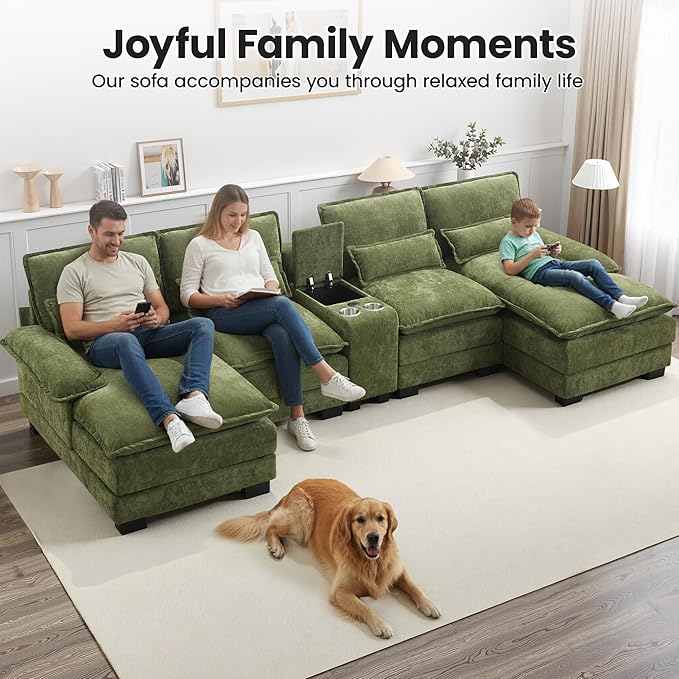 125 U Shaped Cloud Modular Sectional Couch for Living Room Small Comfy Chenille Sofa with Double Chaise Lounge Storage Central Console Cup Holders USB PortGreen