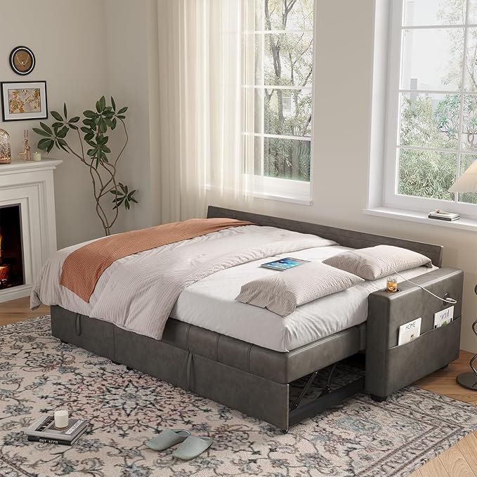 89 inch L-Shaped Sectional Sofa Sleeper with Storage Space &amp Side Pocket Anti-Scratch Faux Leather Couch Bed with USB Port &amp Cup Holder Modern Piano Design Pull Out Bed for Living Room