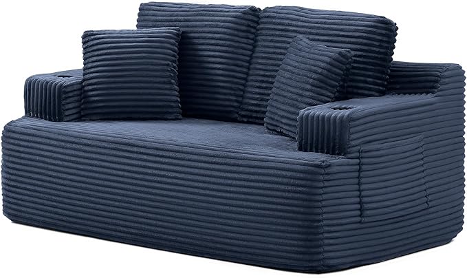 Floor Loveseat Boneless Sofa Couch in a Box with Cup Holder and Side Pockets Corduroy Upholstered 2 Seater Cloud Foam Sofa with Deep Seating for Living Room No Assembly | Breathable material Cuphol