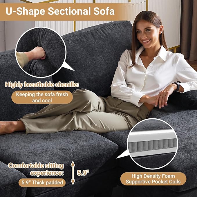 VINGLI 110 Sectional Couches for Living RoomU Shaped Couch with Double Chaise 4-Seat Sofa Set with Chenille Fabric for Home FurnitureBlack