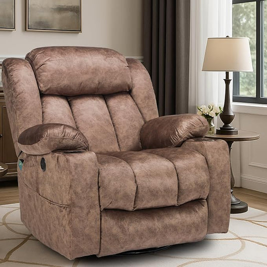 VIVIJASON Manual Swivel Rocking Glider Recliner Chair with Heat &amp Vibration Massage 360° Swivel Overstuffed Reclining Chair with 2 Cup Holders Side Pockets &amp USB Ports for Living Room Plush