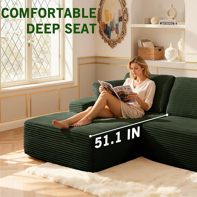 109.4” Modular Sectional Sofa Convertible Sofa Bed No Assembly Required Cloud Couch with Deep Seat Modern L-Shaped Boneless Sofa for Living Room (Green)
