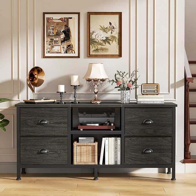 Furologee TV Stand with 4 Drawers 43 inch Entertainment Center with Open Shelves Media Center for 50 TV Television Stand for Bedroom Living Room/Light Black Oak