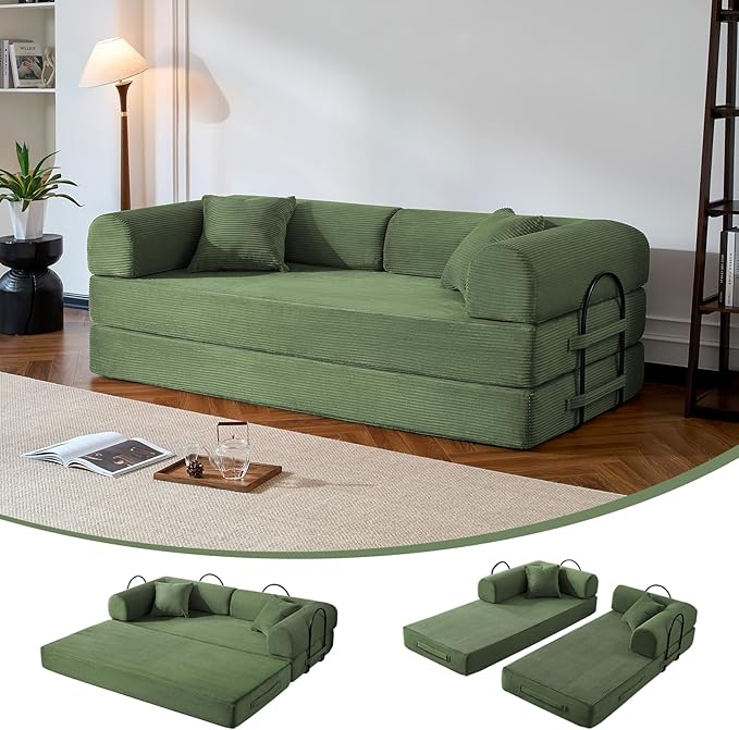 Compressed Sofa Convertible Sofa Bed Corduroy Compression Boneless Couch with Pillow Comfy Modular Foldable Floor Sleeper Sofa for Bedroom Living Room Lounge Studio (Olive Green)