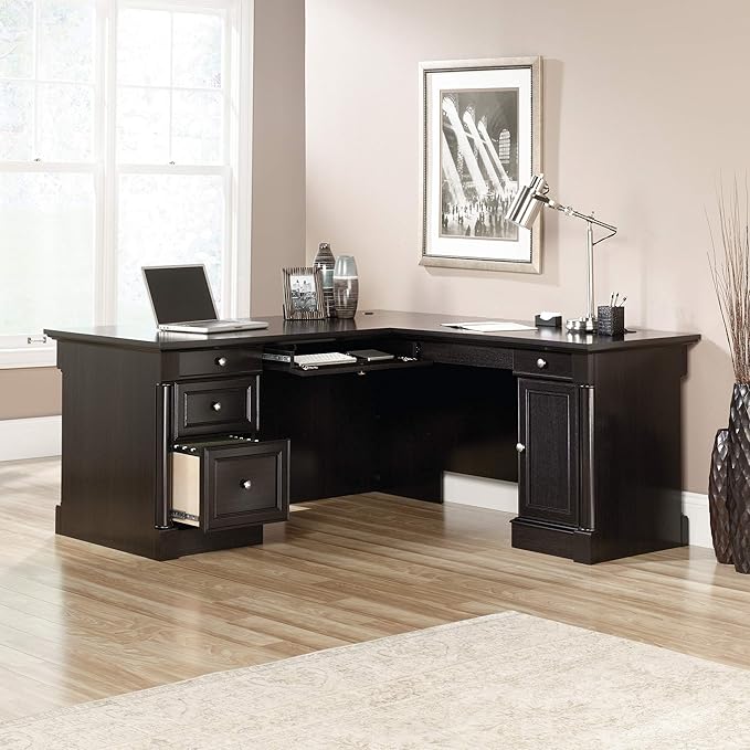 Sauder Palladia L Shaped Desk with Drawers Office Desk with File Cabinet Storage Cable Management Keyboard Tray in Wind Oak Finish