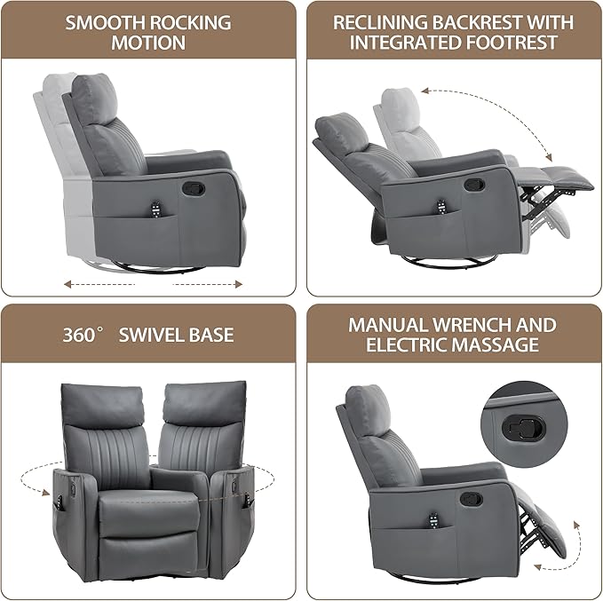 PELUMY 360 Swivel Rocking Recliner Chair for Adults Nursery Rocking Chair with Heat and Massage Glider Reclining Chair for Small Space Living Room Bedroom (Breathable Leather Grey)