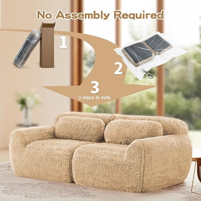 80.4-Inch Boneless Love Seat Couches in a Box Modern 2 Seat Floor Modular Foam Cloud Sofa Faux Fur Loveseat Couch W/Angle Armrests for Home Apartments Bedroom