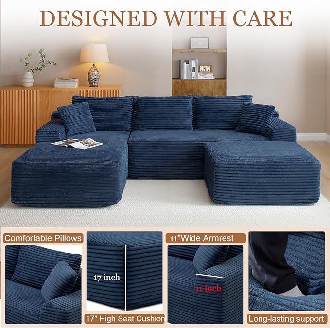 108 Cloud Modular Sectional Couch with Moveable Ottoman Modern Minimalist Upholstered Boneless Couch Deep Seat Corduroy Corner Couches (Blue 108 Left Facing Chaise + Ottoman)
