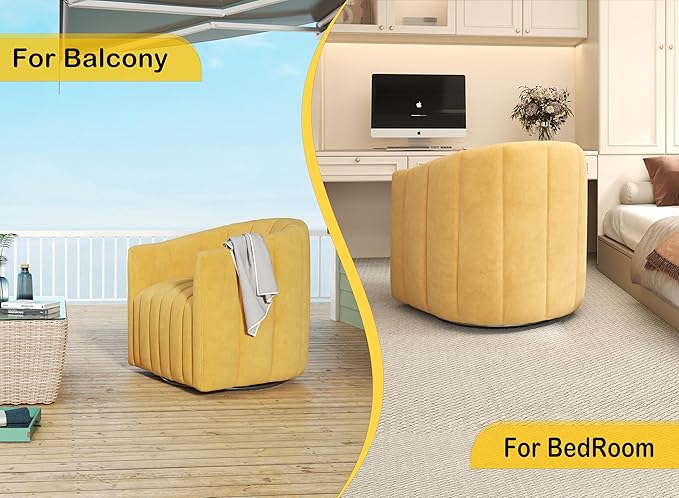 Swivel Accent Chair Velvet Barrel Arm Chair for Living Room Pumpkin Shaped Curved Chair with Metal Base for Bedroom Balcony Study Room（Yellow Set of 2）