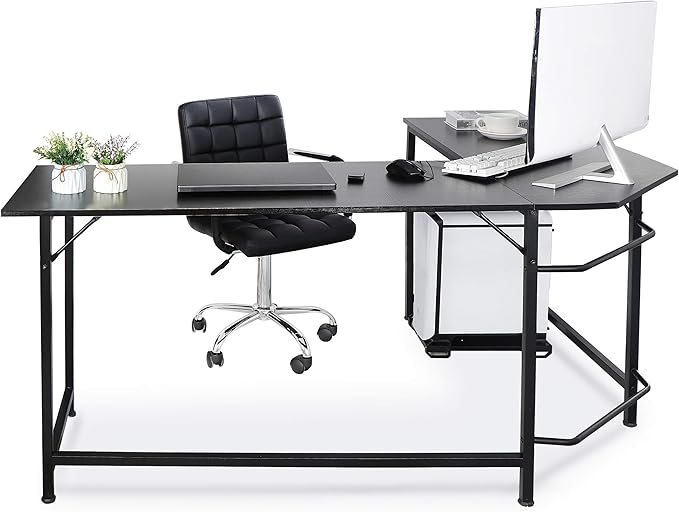 LEMY 66 Inch x 47 Inch Large L-Shape Corner Table Computer Workstation Bevel Edge Angle Design PC Laptop Table w/CPU Stand for Home Office - Black